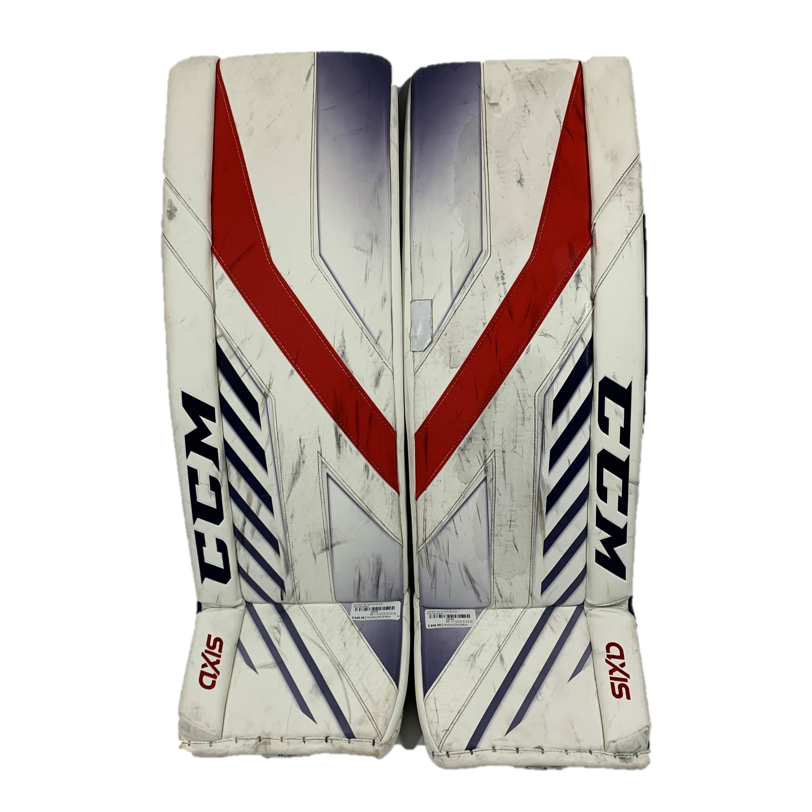 CCM AXIS - Jambières de gardien de but Pro Stock d'occasion (blanc/bleu/rouge)